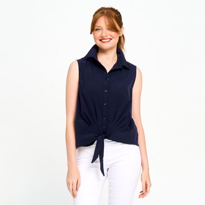 Tie Front Sleeveless Button-Up Top in Ink-XL