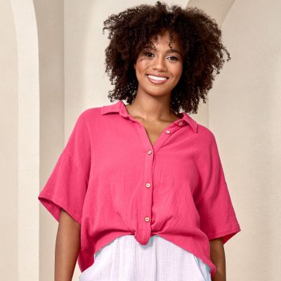 Crinkle Button Up Top in Fuchsia-XXL