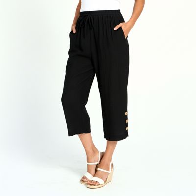 Cropped Double Layer Faux Linen Pant in Black-XXL