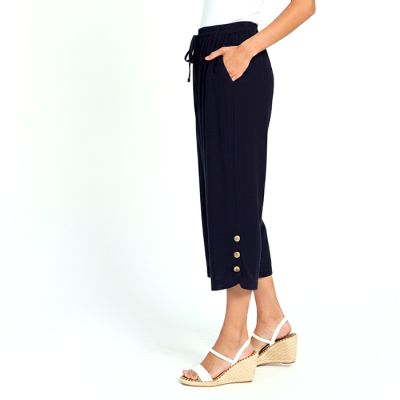  Cropped Double Layer Faux Linen Pant in Navy-S