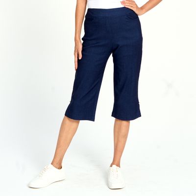 Slit Hem Jewel Capri Pants in Navy-L