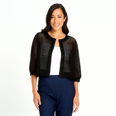 Open Mesh Knit Button-Down Jacket in Black-XXL