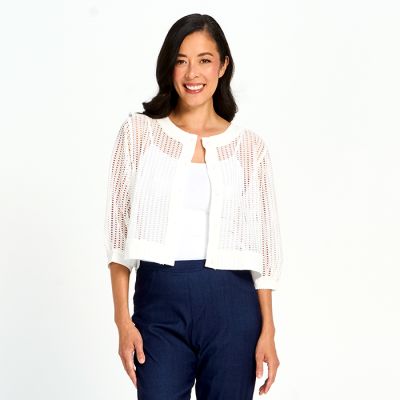 Open Mesh Knit Button-Down Jacket in White-S