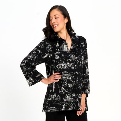 Printed Button Down Top with Wired Collar in Black-L