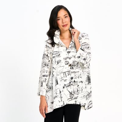 Printed Button Down Top with Wired Collar in White-L