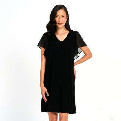 Flutter Sleeve Stretch Dress in Black-L