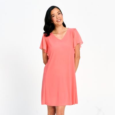 Flutter Sleeve Stretch Dress in Coral-XXL