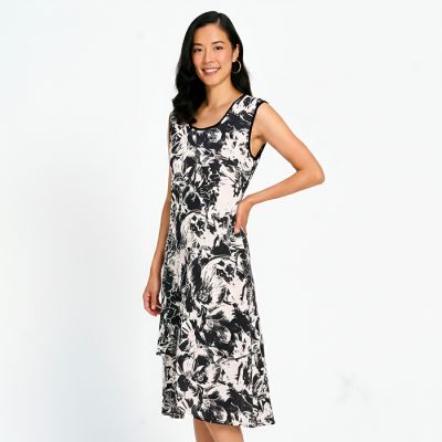 Printed Layered Midi Dress in Black & White-S