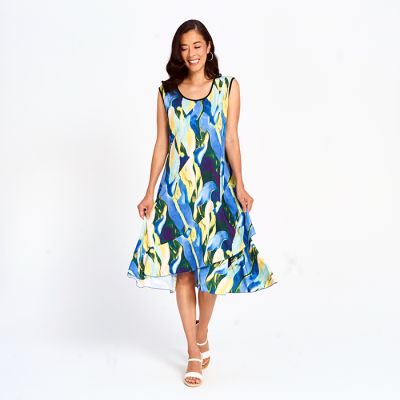 Printed Layered Midi Dress in Blue-L