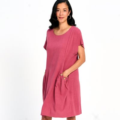 Linen Cotton Dress with Button Detail Pockets in Raspberry