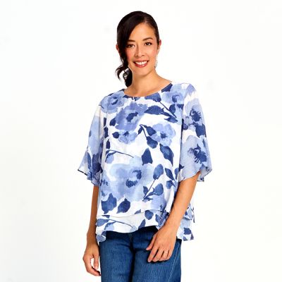 Painted Florals Double Layer Faux Linen Top in Navy-XL