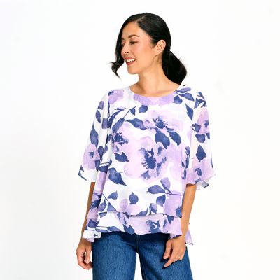 Painted Florals Double Layer Faux Linen Top in Purple-M