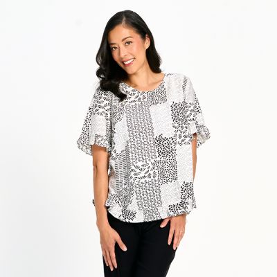Gentle Ruffle Printed Faux Linen Top in Black-XXL