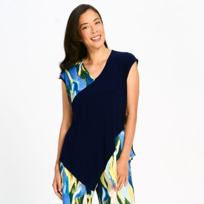 Printed Cap Sleeve Top in Blue-XL