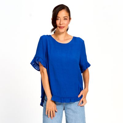 Gentle Ruffle Faux Linen Top in Cobalt-L