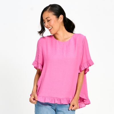 Gentle Ruffle Faux Linen Top in Peony-XXL