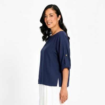 Linen Cotton Blend Boat Neck Top with Pick Ups in Ink-M