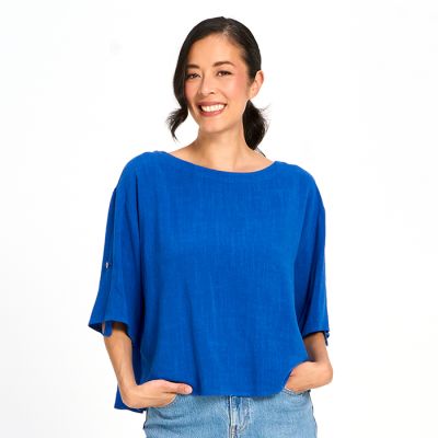 Linen Cotton Blend Boat Neck Top with Pick Ups in Royal-XXL