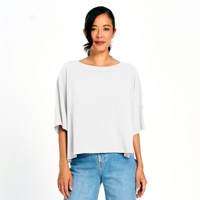 Linen Cotton Blend Boat Neck Top with Pick Ups in White-L