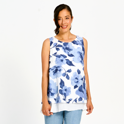 Sleeveless Double Layer Printed Top in Blue-XXL