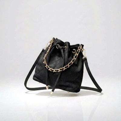 Quilted Bucket Bag with Gold-Tone Chain in Black