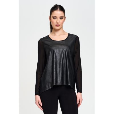Sheer Sleeve Faux Leather Top in Black-XL