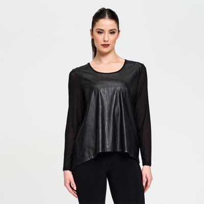 Sheer Sleeve Faux Leather Top in Black