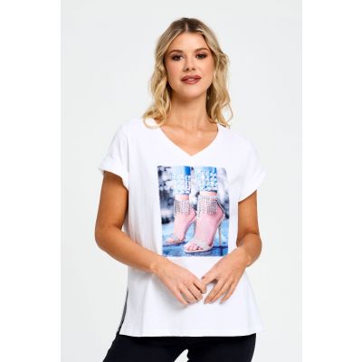 Embellished Heels Patch Cotton Tee in White-XXL