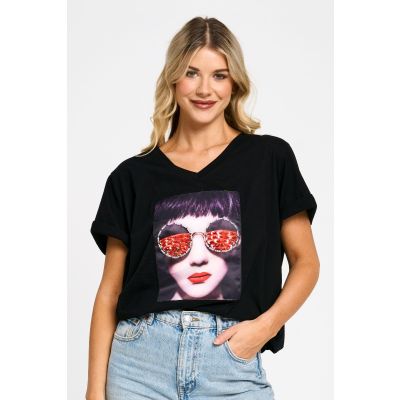 Embellished Sunglasses Patch Cotton Tee in Black-XXL