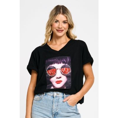Embellished Sunglasses Patch Cotton Tee in Black-L