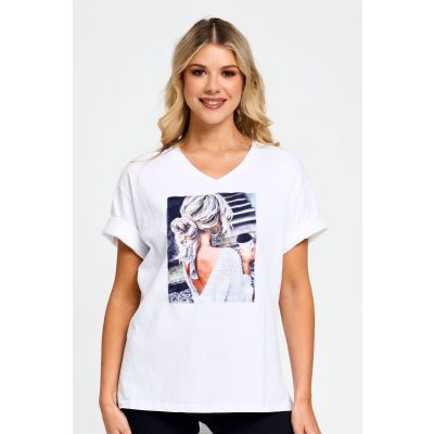 Embellished Messy Bun Patch Cotton Tee in White-XXL