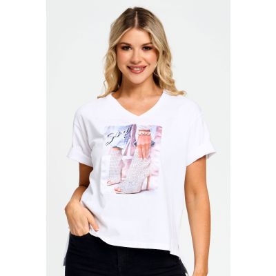 Embellished Booties Patch Cotton Tee in White-XXL