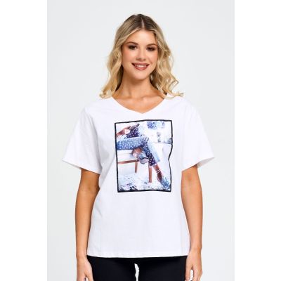 Embellished Jeans Patch Cotton Tee in White-XXL