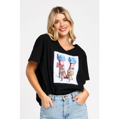 Embellished Butterflies & Stiletto's Patch Cotton Tee in Black-L