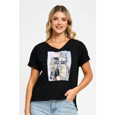 Embellished Camo Runway Patch Cotton Tee in Black-XXL