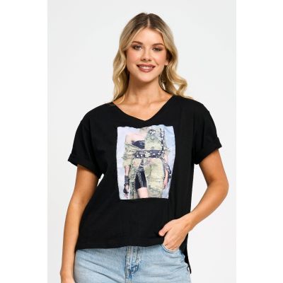 Embellished Camo Runway Patch Cotton Tee in Black