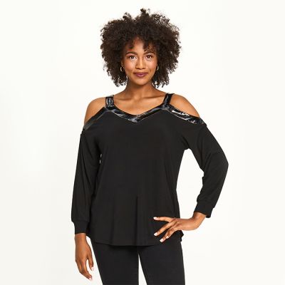 Faux Leather Trim Cold Shoulder Sweetheart Top