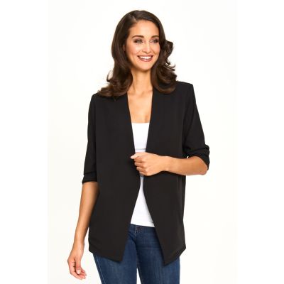 Collarless Shirred Sleeve Blazer in Black-XL