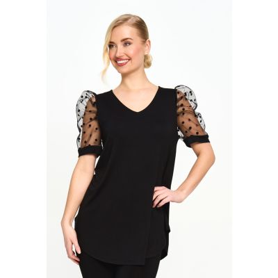 Sheer Puff Sleeve Top in Black-L