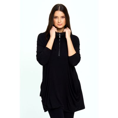 Zip Tunic Pocket Detail Top in Black-XXL