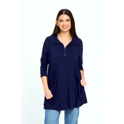 Zip Tunic Pocket Detail Top in Navy-XXL
