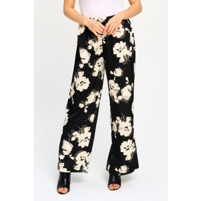 Floral Print Wide Leg Pants in Black-L