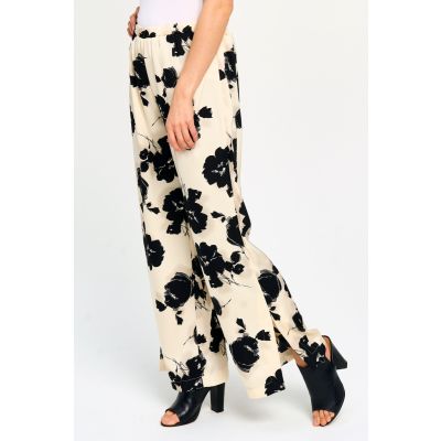Floral Print Wide Leg Pants in Cream-XL
