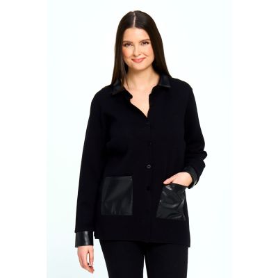 True Knit Jacket with Faux Leather Pocket in Black-S/M