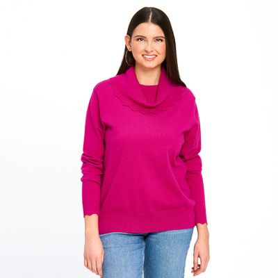 Scalloped Cowl Neck Sweater in Fuchsia