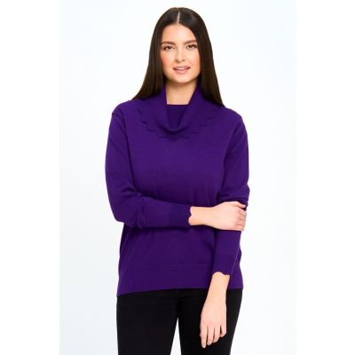 Scalloped Cowl Neck Sweater in Purple-L/XL