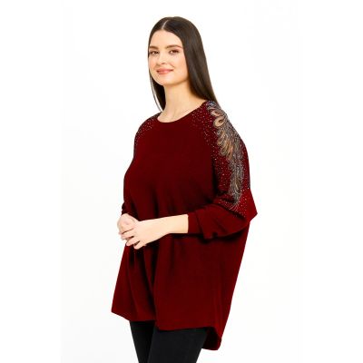 Embellished Sleeve Top in Red-L/XL