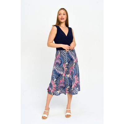 Midi Length Faux Wrap Print Dress in Multi-XL