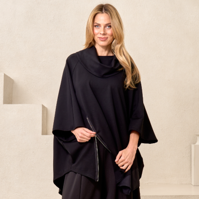 Bottom Zip Poncho Topper in Black
