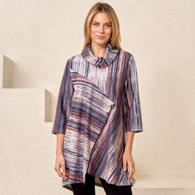 Asymmetrical Button Detail Tunic in Stripe-M